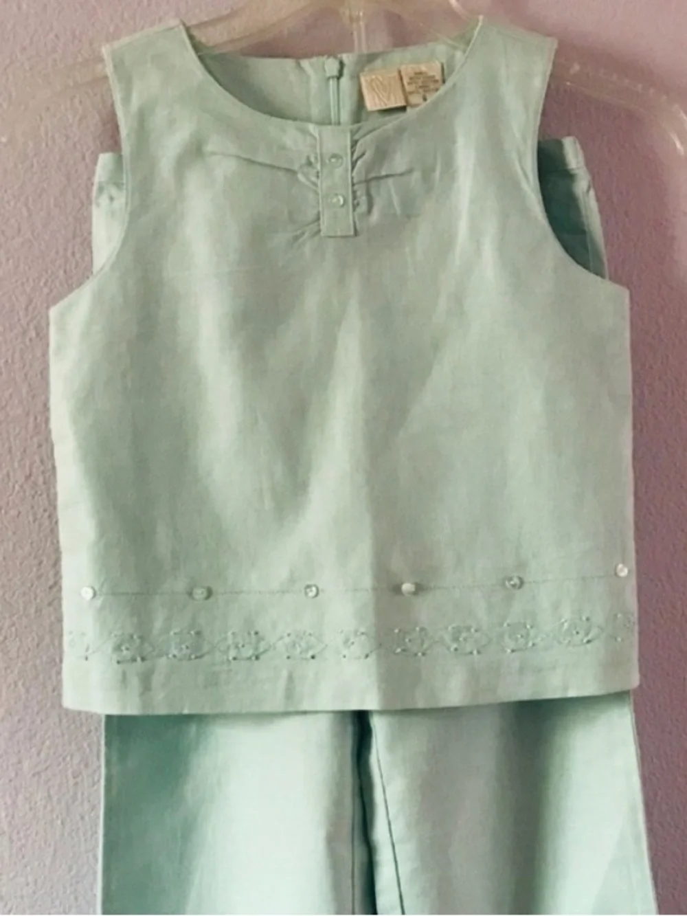 Vintage Light Blue Embroidered Linen Two-Piece Set